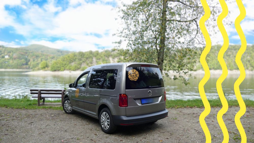 Ein grauer VW Caddy steht an einem herbstlichen Seeufer. 