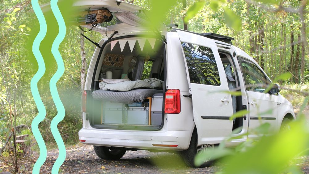 Ausgebauter Caddy im Wald mit offener Heckklappe.